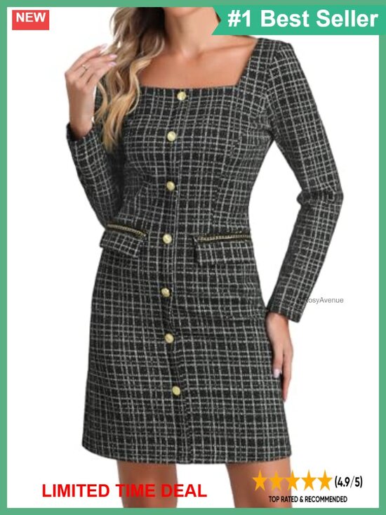 Dresses & Skirts - Allegra K Women Tweed Square Neck Long Sleeve Bodycon Dress with Pockets